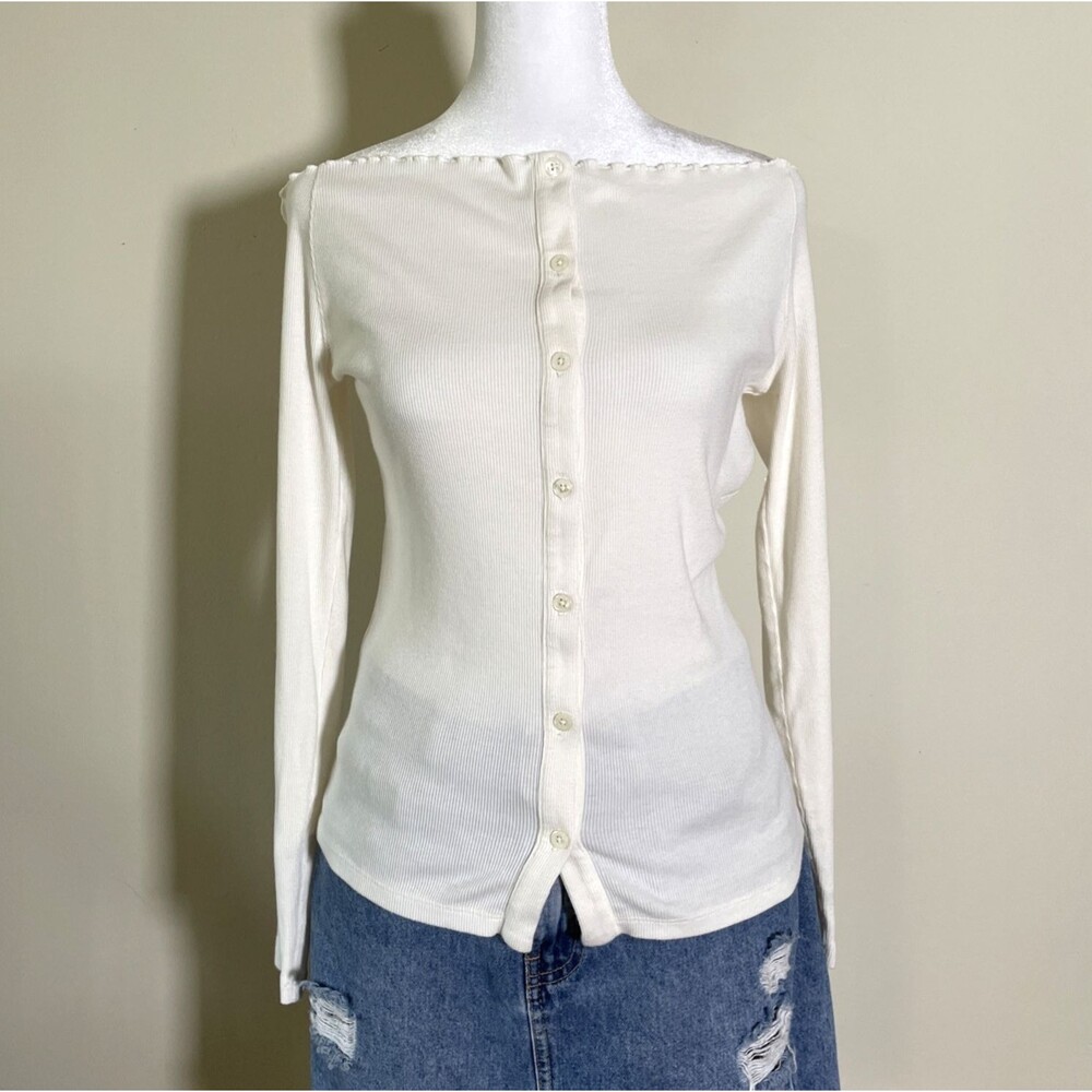 J.Crew Women's Off-The-Shoulder Ribbed Long-Sleeve Top Cream Small Bottom Front